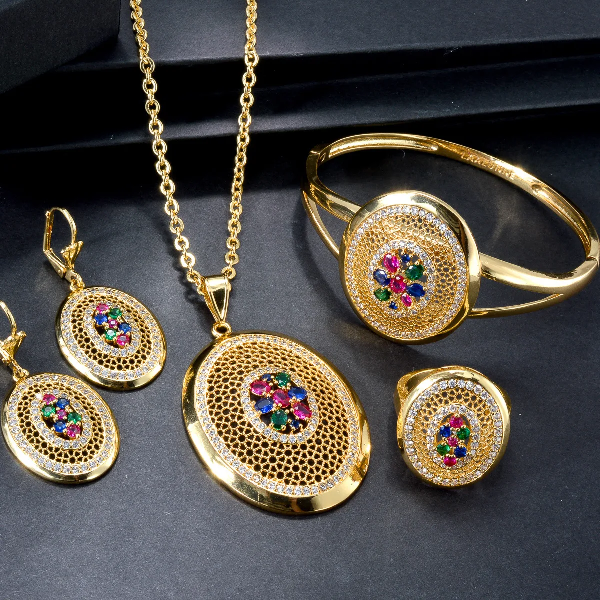 

Sunnice Round Colorful Pendant Necklace Set Fashionable Cubic Zirconia Long Chain Women's Costume Jewelry Gift Wedding