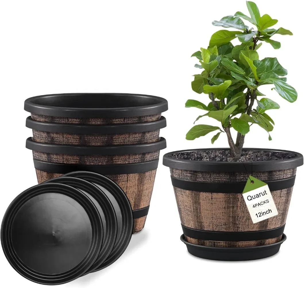 Quarut Plant Pots Set of 4 Pack 12 Inch,Large Whiskey Barrel Planters with Drainage Holes & Saucer.Plastic Flower Pots