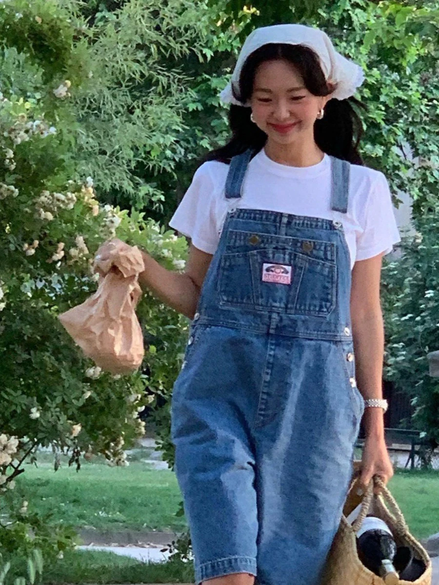 Candy Miss Korean Style STU Blogger Loose Straight Leggings Slimming Overalls Women's Denim Shorts High Waist Spring Summer
