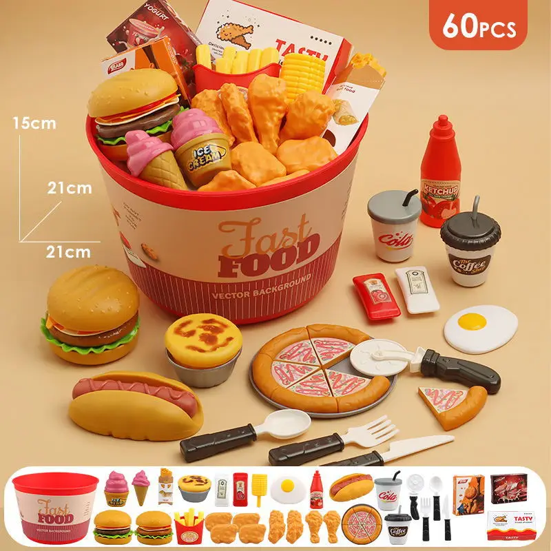 60PCS Simulation Breakfast Fast Food Set Kitchen Cooking Set Toys Creative Children's Role-playing Food Toys Pretend Play Toys