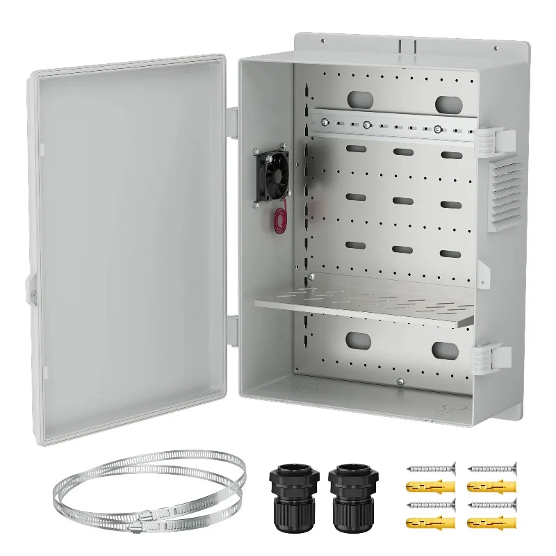 

Vented Outdoor Enclosure Box 18.1x12.6x6.4 Outdoor Wifi Enclosure Waterproof White Electrical Box with Cooling Fan