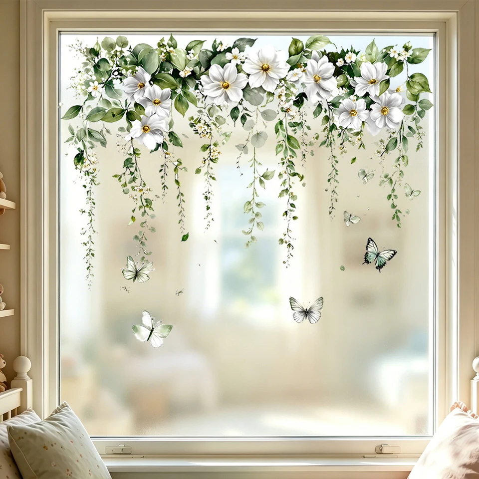 Frosted Floral Glass Window Sticker White Flower Hanging Vine Removable Static Cling Butterfly Window Decals Bedroom Living Room