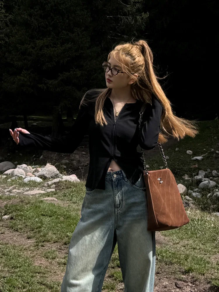 

Slim Fit Soft Waist-Cinching Ladies' Open Cardigan Double Zipper Finger Design Casual Sle Long Sve V-Ne Regular Length