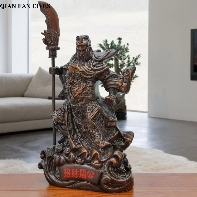 Imitation wood statue of Guan Gong，Resin technology，Modern art sculpture，God of War Guan Yu，Home decoration god of wealth statue