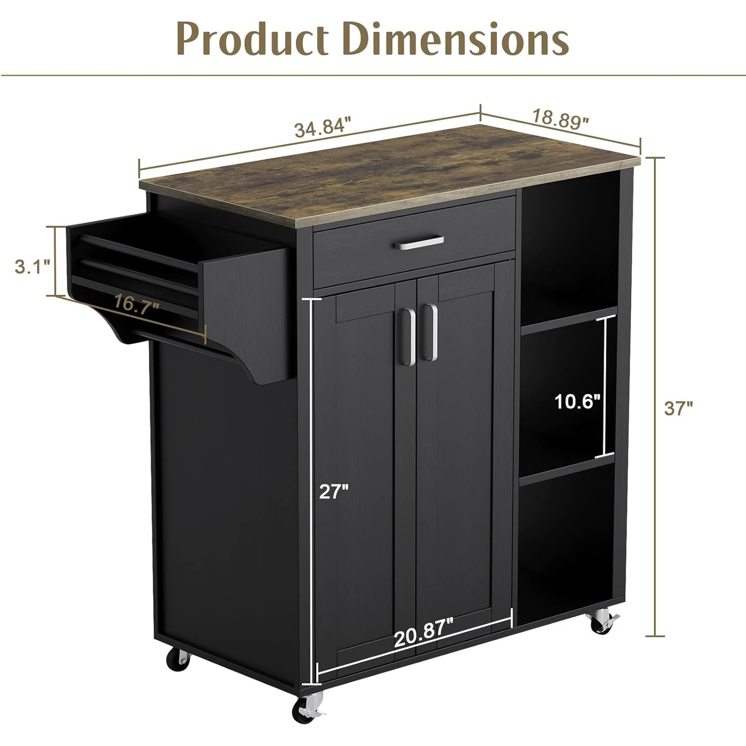عربة جزيرة المطبخ مع طاولة جزيرة دوارة للتخزين على عجلات مع رف مناشف التوابل ودرج لغرفة الطعام في المطبخ باللون الأسود