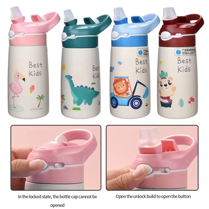 400ML  Kids Water Bottle Cartoon Animal Thermos Mug Baby Duck Billed Straw 316 Stainless Steel Vacuum Flasks Thermos Bottle