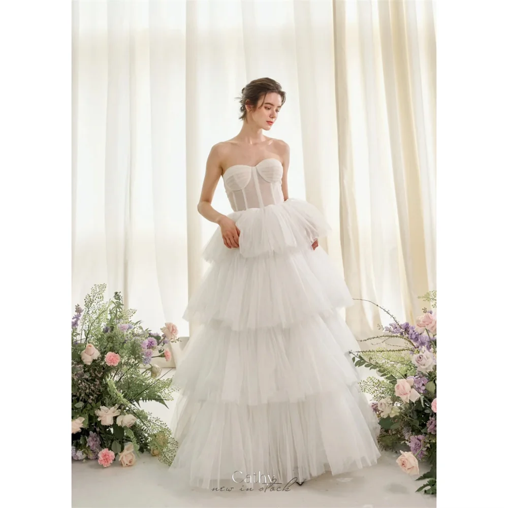 

Cathy White Strapless Tulle Wedding Dress A-line Floor-length فساتين سهرة Elegant Sleeveless Princess vestidos de fiesta 2024