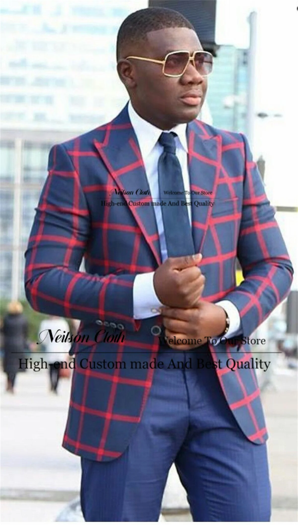 

Fashion Blue Male Prom Blazers 2 Pieces Sets Red Plaid Groom Wedding Tuxedos Business Customized Peaked Lapel Costume Homme