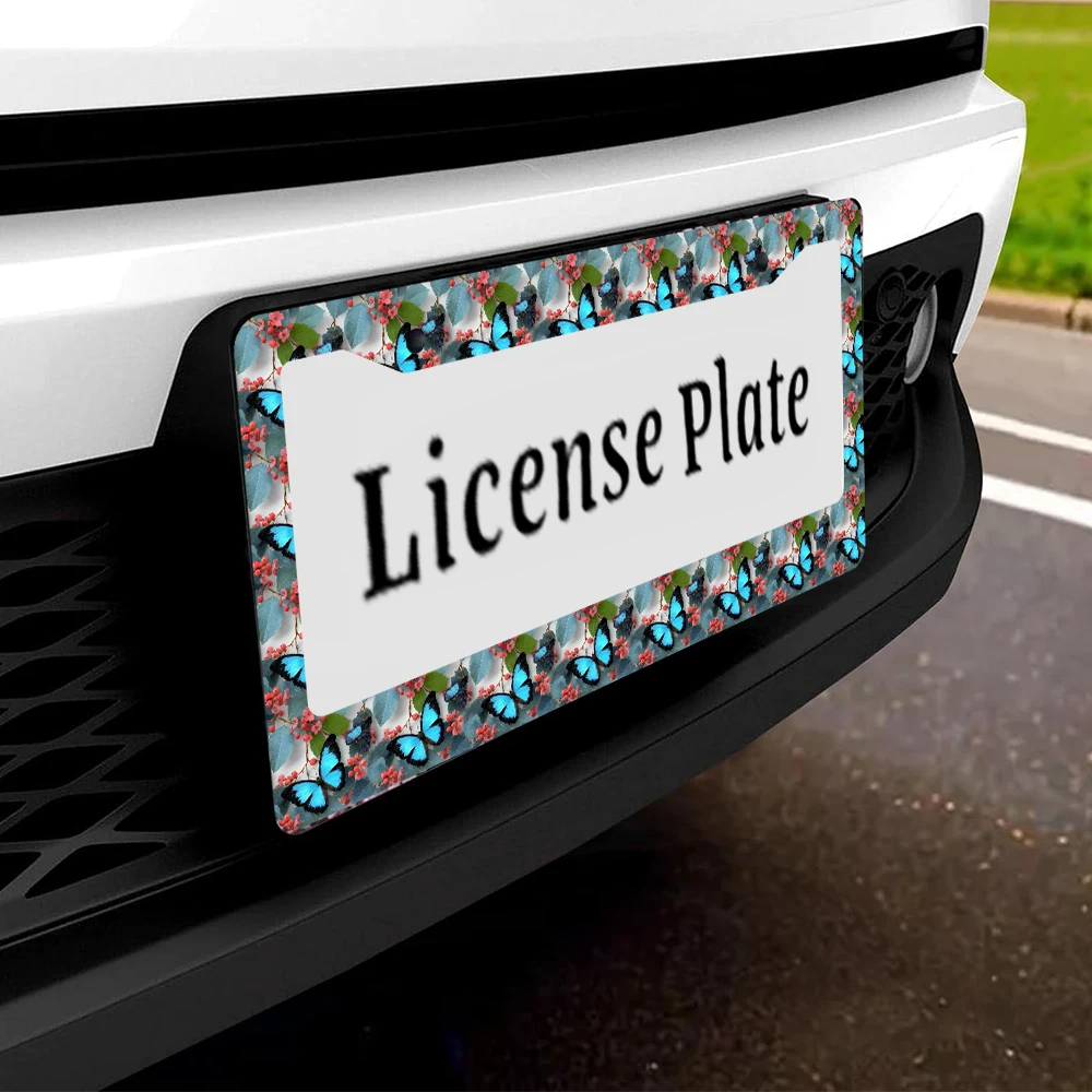 1 قطعة إطار لوحة ترخيص بفتحتين على شكل فراشة زرقاء وتوت، مادة ألومنيوم، 6 × 12 بوصة مع مجموعة براغي، مبتكرة قديمة