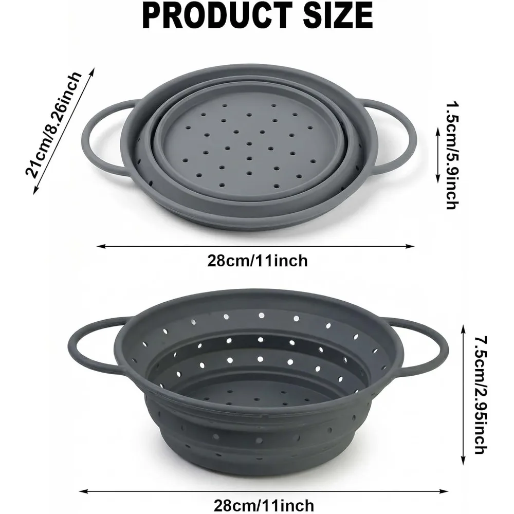 Collapsible Silicone Colander Foldable Kitchen Sink Strainer with Reinforced Frame Handles Pasta Fruit Vegetable Drainer