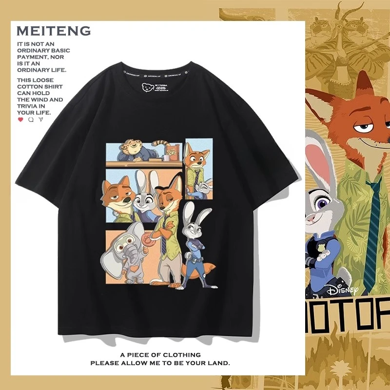 

Disney Zootopia movie peripheral short sleeve 100% cotton T-shirt men and women Nick Judy children's clothes all fashion