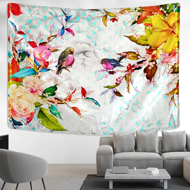 Bouquet Flowers Flying Bird Illustration Tapestry Wall Hanging Nature Botanical Aesthetic Room Boho Tropical Living Room Decor