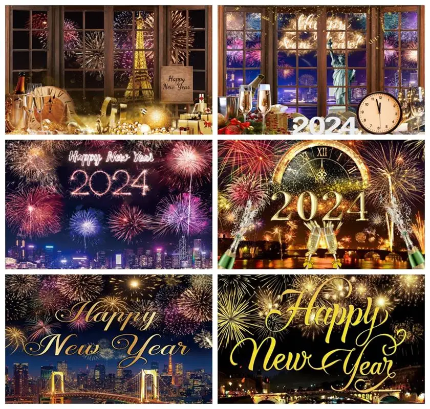 

Laeacco 2024 Happy New Year Photography Background Night City Shining Bokeh Fireworks Family Countdown Party Portrait Backdrop