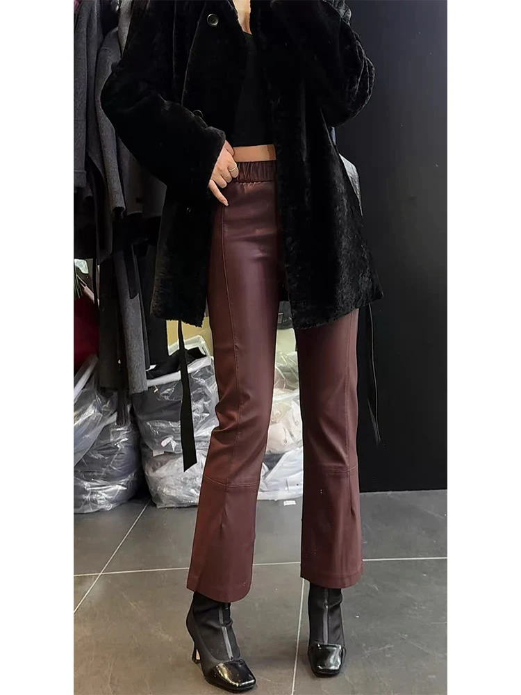 

Faionable Leather Pants High Waist Slimming Micro Flared Genuine eepskin Nine Point Pants Commute Sle Pure Color Casual...
