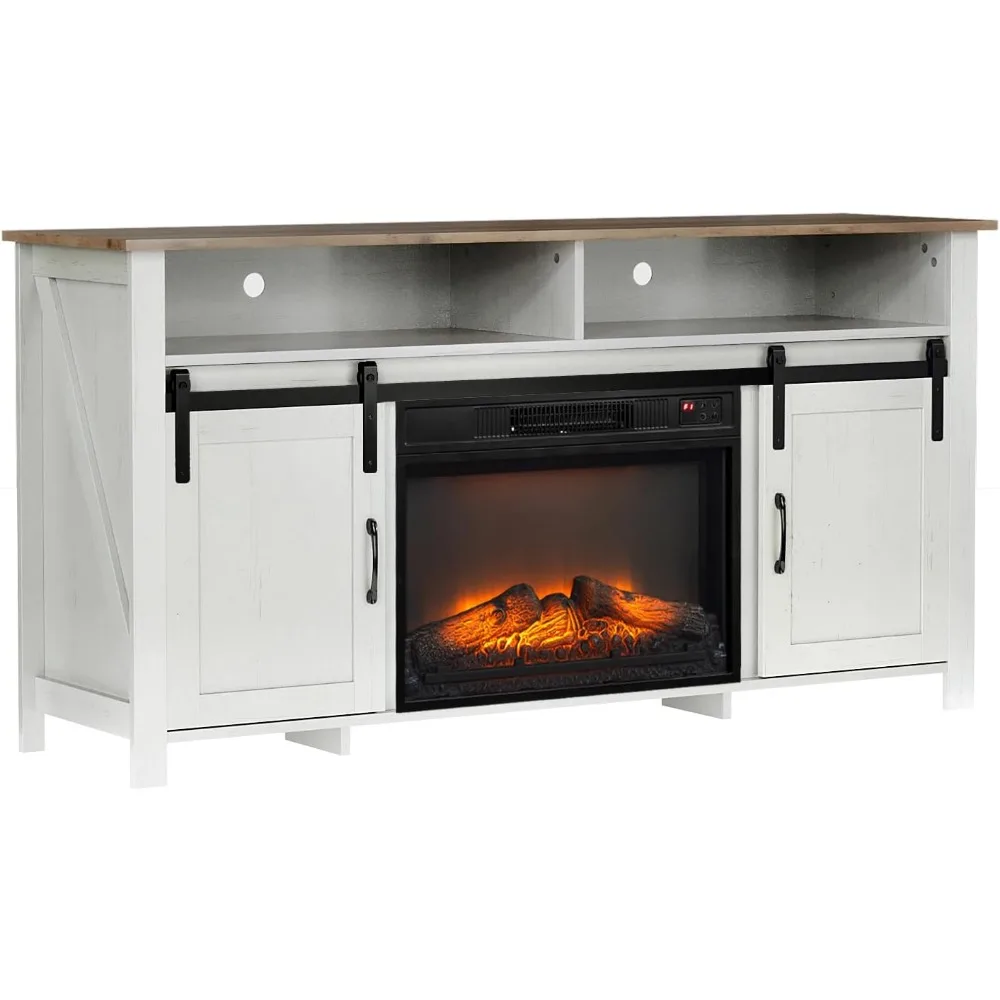 ボンロ ファームハウス暖炉型テレビスタンド＆エンターテイメントセンター（70インチテレビ対応、スライド式納屋戸付き、23インチ電気LED炎暖炉付き）