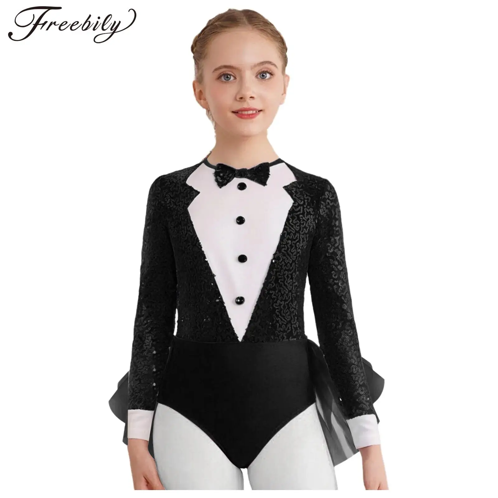 

Детское боди для джазовых танцев для девочек, тюлевое трико с длинными рукавами и блестящими пайетками, платье на Хэллоуин, карнавал, цирковой волшебник, карнавальный костюм