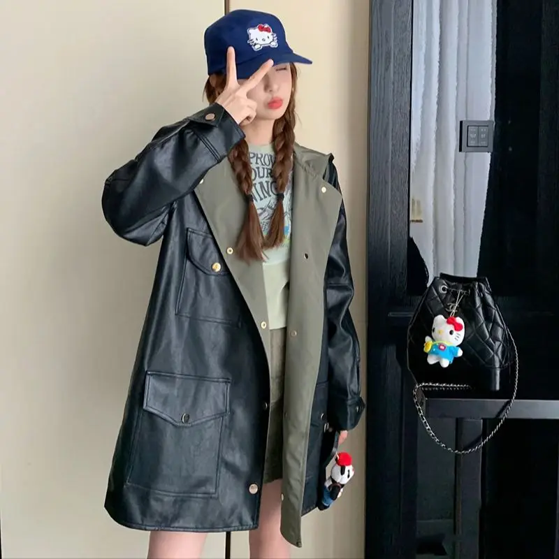 Autumn Winter Women Female Oversize Windbreaker Hooded Coat Casual Hooded Warm Jacket Real Sheepskin Leather Pocket Coat FG5853