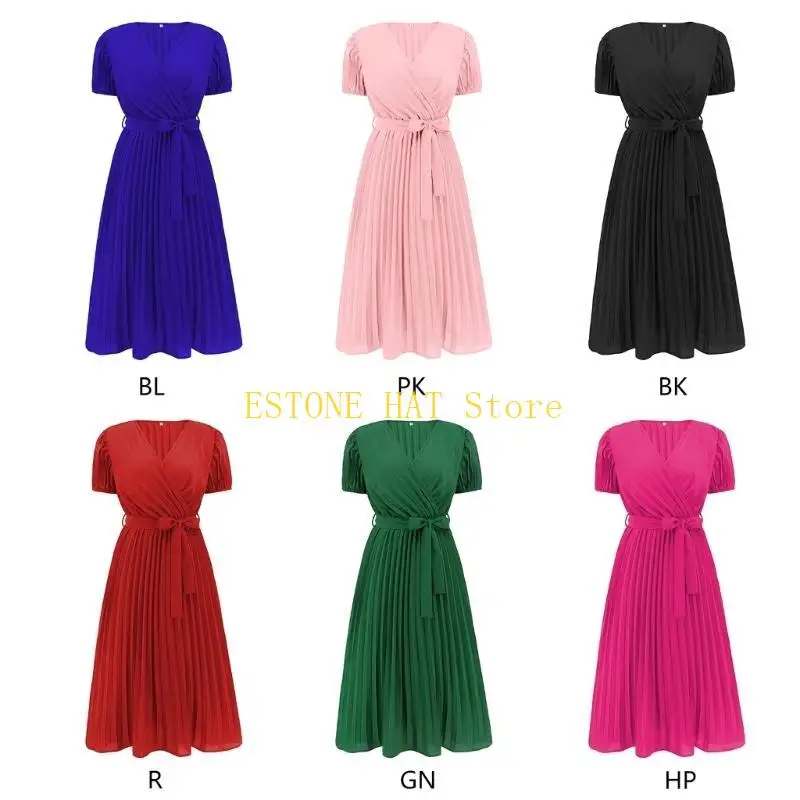 49MF Damska elegancka bufiasta sukienka z krótkim rękawem i dekoltem w kształcie litery V, plisowana, długa sukienka midi z