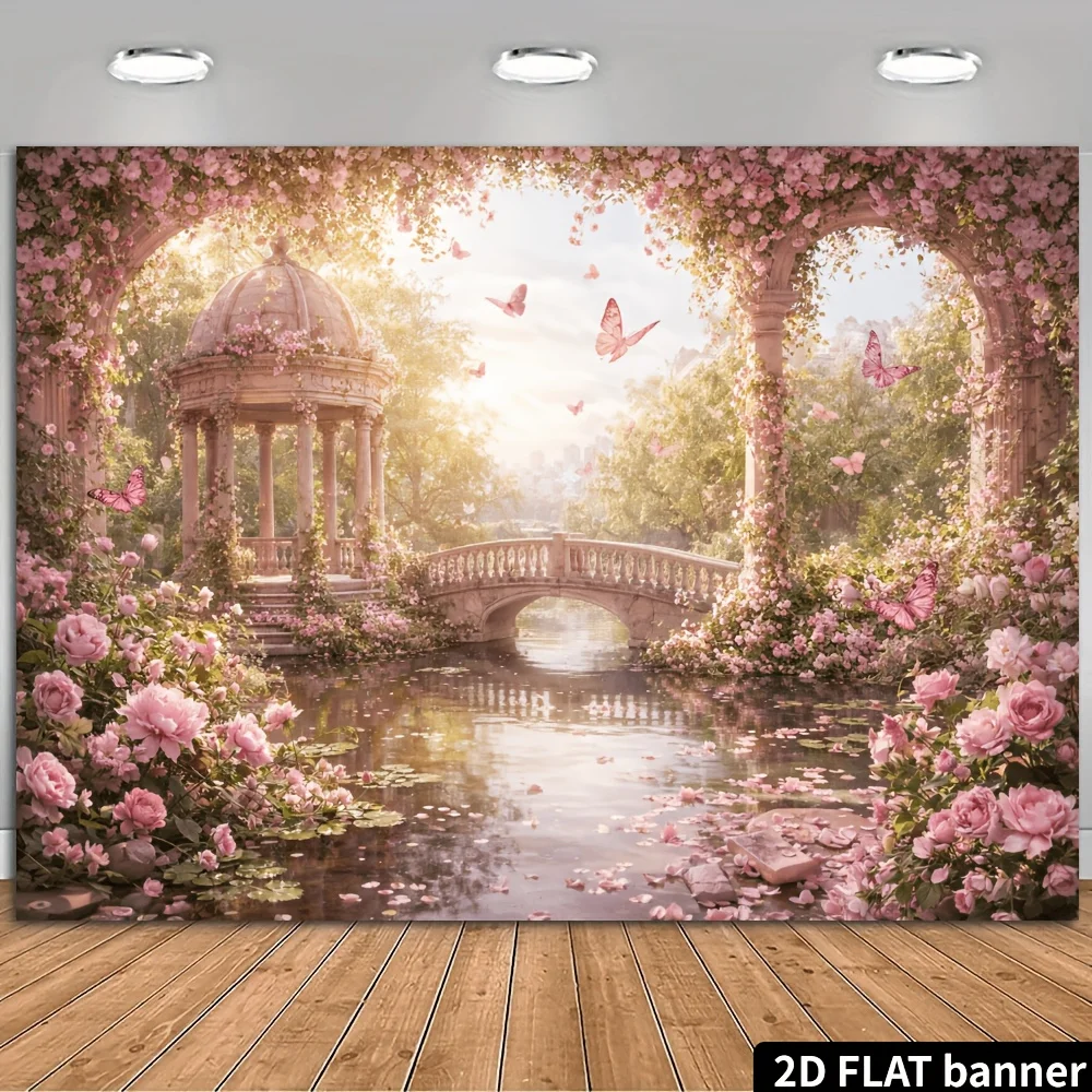 2D-flacher Gartenbogen im europäischen Stil mit rosenthematischem Hintergrundstoff. Traumhafter rosa Rosenranken-Pavillon.DJH