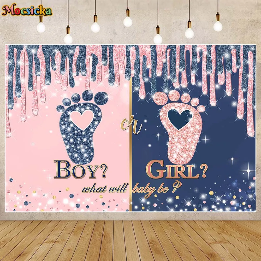 

Mocsicka Blue and Pink Footprints Gender Reveal Background Newborn Welcome Party Decor Background Boy or Girl Baby Shower Banner