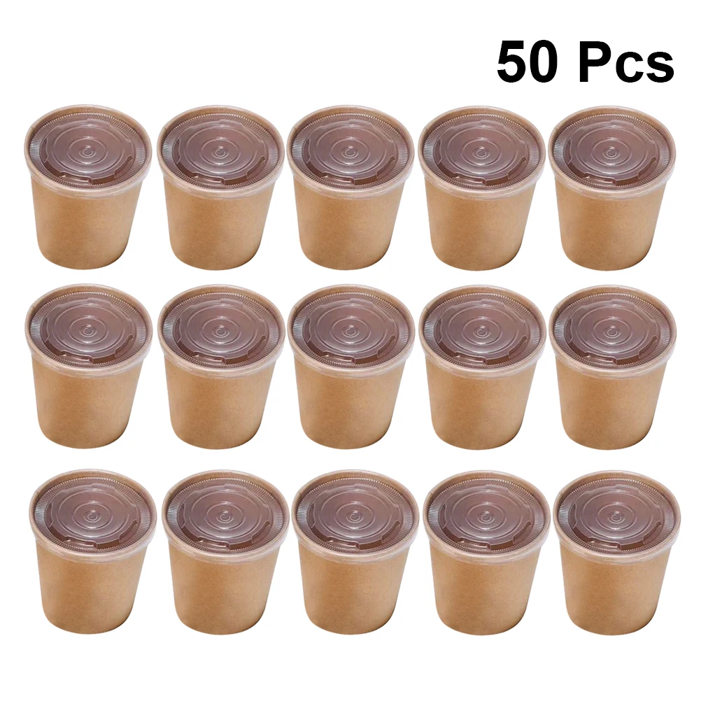 

50 Pcs 12 Oz Hot Soup CupThicken Disposable Oirl-proof Kraft Paper Barrel Soup Container With Lids (50 Paper Cup + 50 Paper Lid)