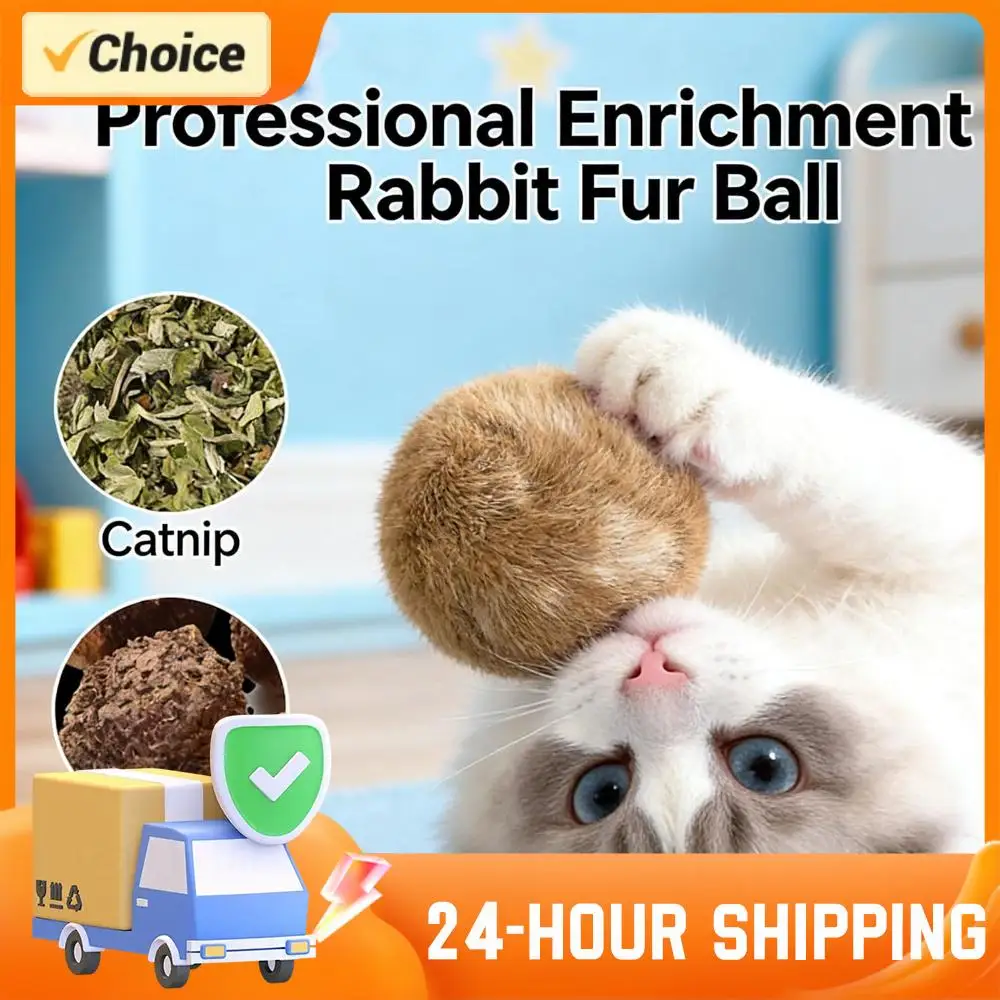 Geräuschloser Katzenball aus Kaninchenfell mit Katzenminze im Inneren, weicher Plüsch-Katzenspielball zur Linderung von Langeweile, bissfester Ball