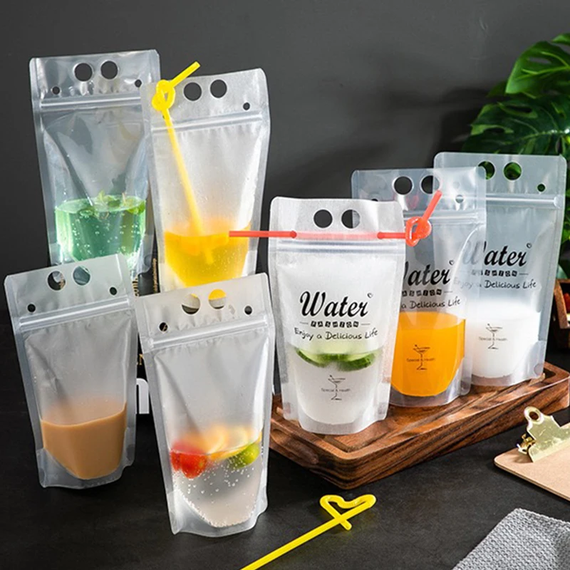 Portable Plastic Beverage With Straw Zipper Bag Customized Printed For Fruit Juice Milk Tea Beer Packaging Pouch