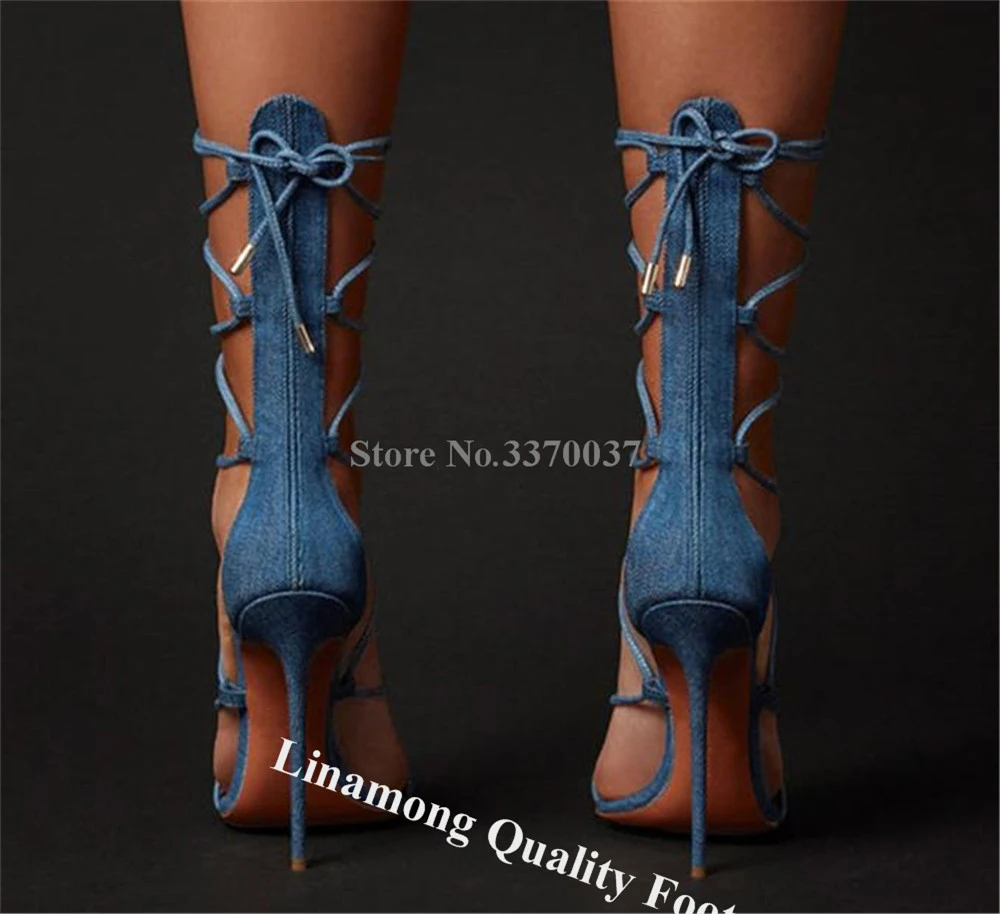 Linamong Newest Blue Denim Thin Heel Sandals Sexy Pointed Open Toe Straps Cross Stiletto Heel Dress Shoes Party Club Pumps