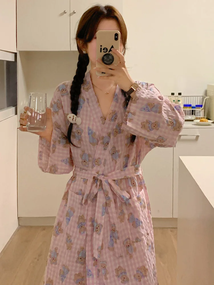 Bear New Home Cute Cartoon Autumn  Long Sleeve Nightgown Women Cardigan Plaid Sweet Casual Loose Girlish Style Sleepwear Ins