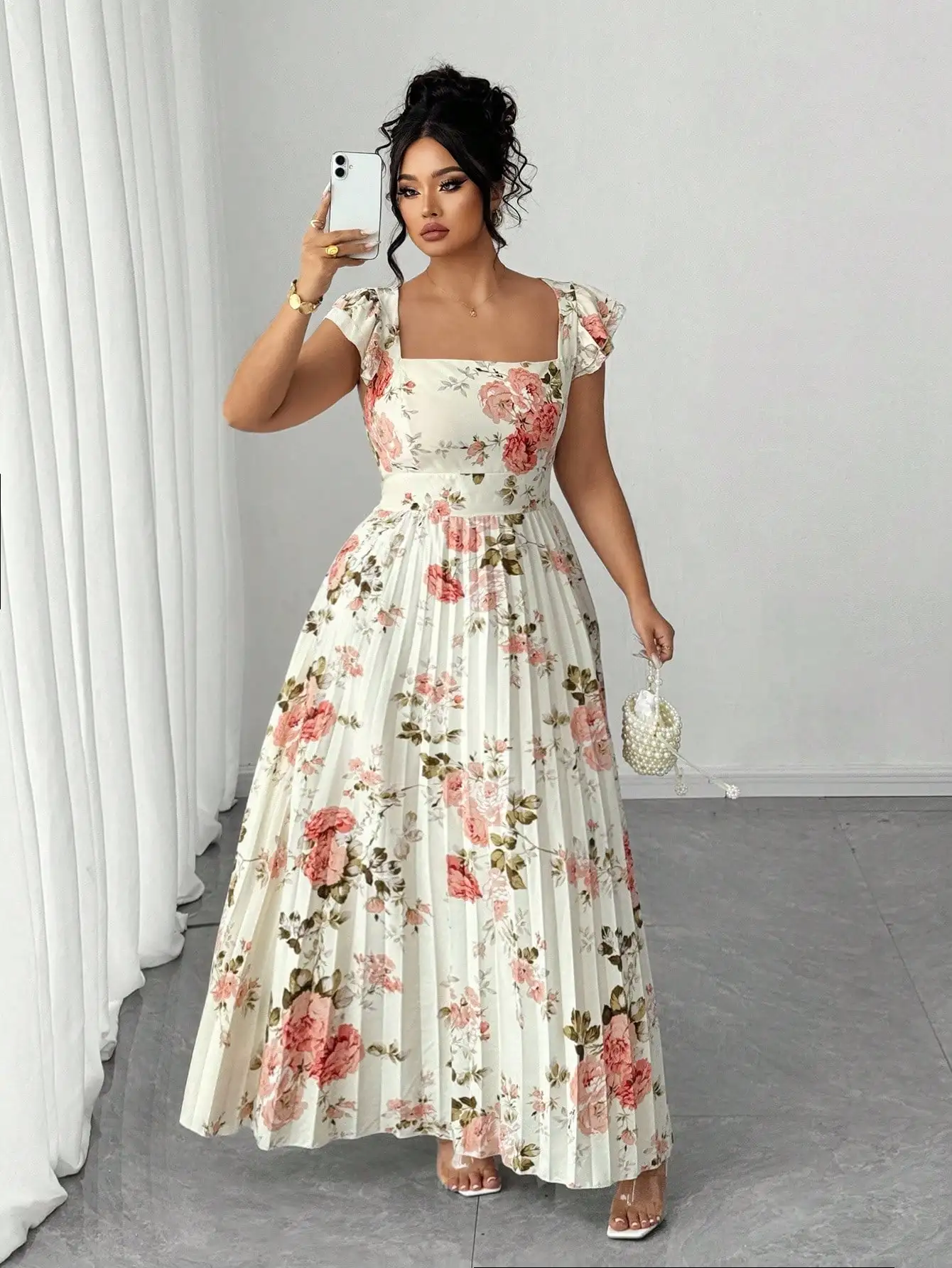 

Plus Size Vintage Floral Print Flounce Sleeve Square Neck Waist Cinched Maxi Dress