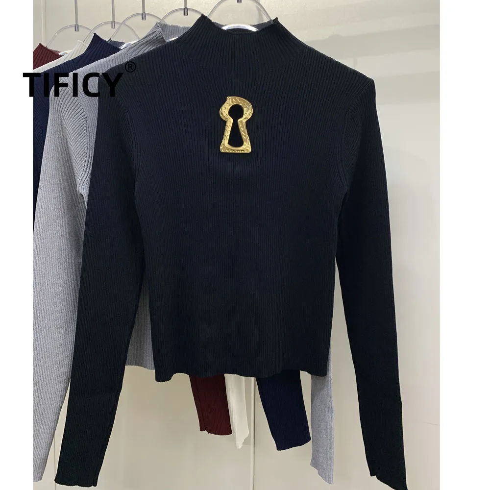 

Half High Neck Hollowed Out Sexy Knitted Sweater Women Autumn Warm Long Sleeved Solid Color Stand Up Collar Top Knit Jumpers