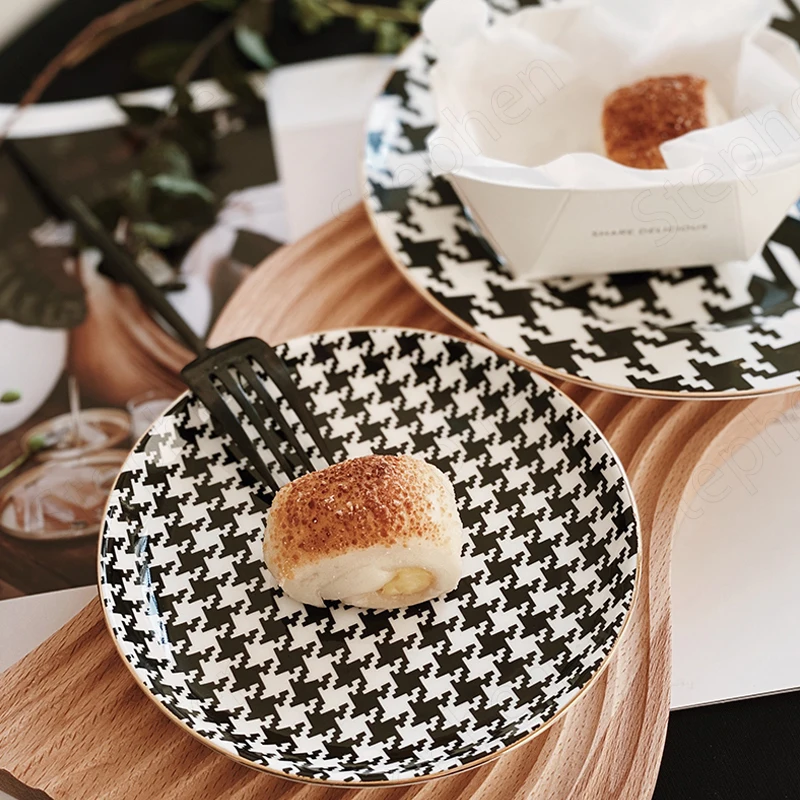 Nordic Ins Classic Black White Grid Ceramic Plate Modern Houndstooth Dinner Plates Afternoon Tea Cake Dessert Dishes Tableware