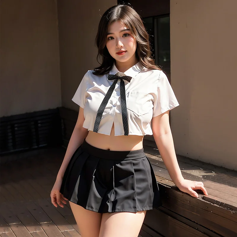 

Sexy White School Shirt Lingerie Set Polka Dot Bow Tie + Black Pleated Mini Skirt Roleplay Outfit for Women Costume Cosplay