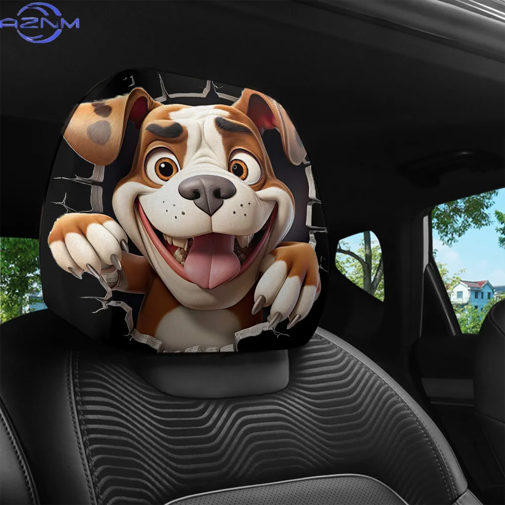 A 2pcs Set Featuring a Cartoonish Bulldog Breaking Through a Wall Print for Car Headrest Covers, Designed for Interior Decorat