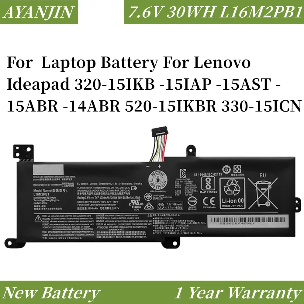 

7.6V 30WH/4000mAh L16L2PB1 L16M2PB1 Laptop Battery For Lenovo Ideapad 320-15IKB -15IAP -15AST -15ABR -14ABR 520-15IKBR 330-15ICN