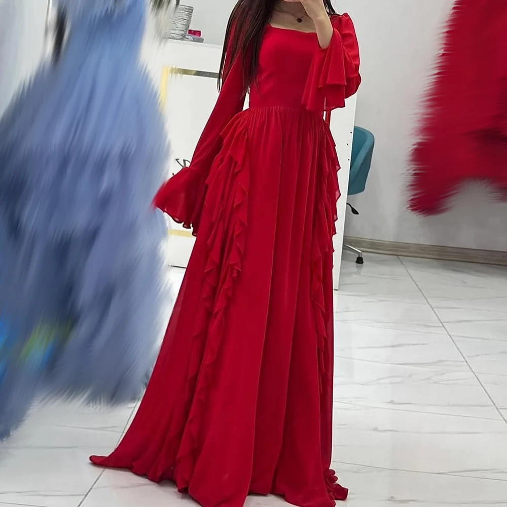 

Вечерние платья трапециевидной формы по индивидуальному заказу, длиной до пола, с квадратным воротником и длинными рукавами, платье для выпускного вечера, простое модное драпированное повседневное вечернее платье