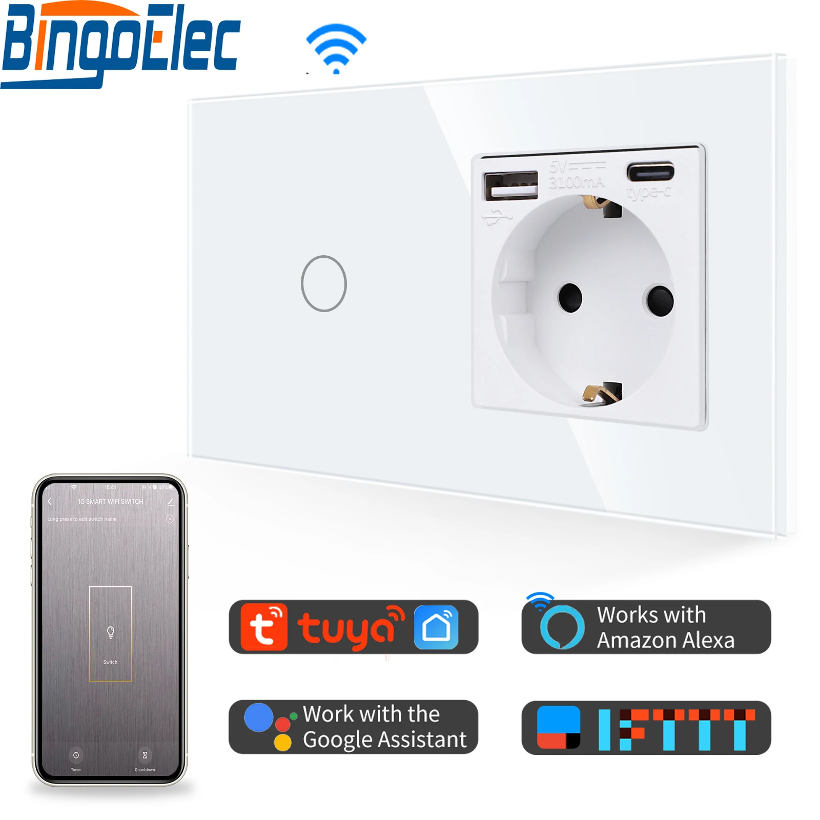 EU Wifi Smart Switch With USB Power Socket Plug Wall Power Crystal Glass Panel 16A type-C Interface Socket 157mm Plug Grounding