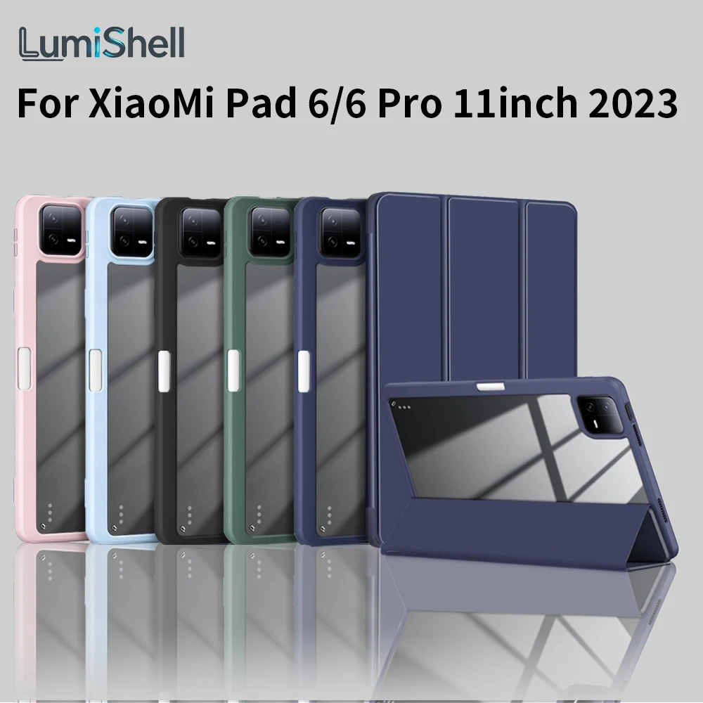 Case For XiaoMi Pad 6 11 Inch 2023 With Pen Holder,For MiPad 6 Pro 11inch 2023,Clear Transparent Back Shell,Tri-fold Stand Cover