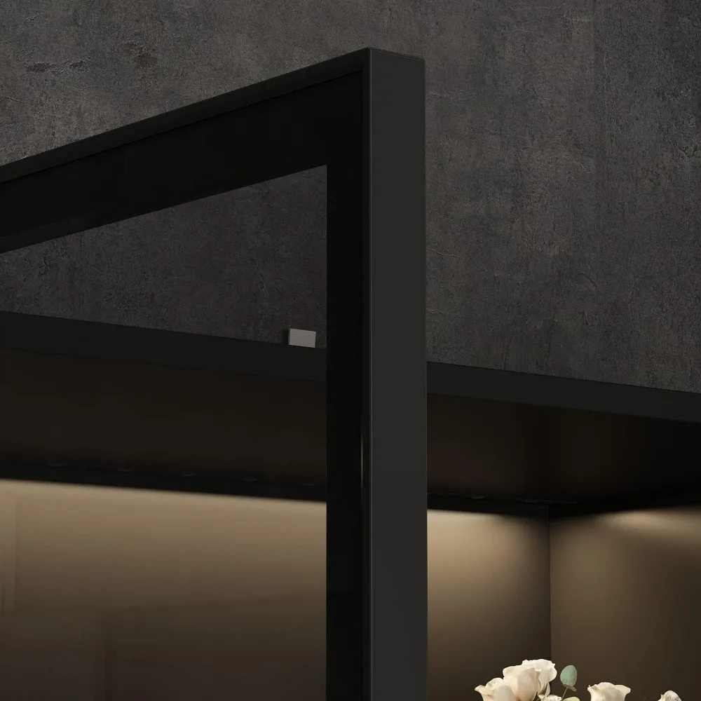 LED-Illuminated 4-Tier Tall Bookcase with Pop-Up Glass Doors, Freestanding Storage Cabinet for Home Display