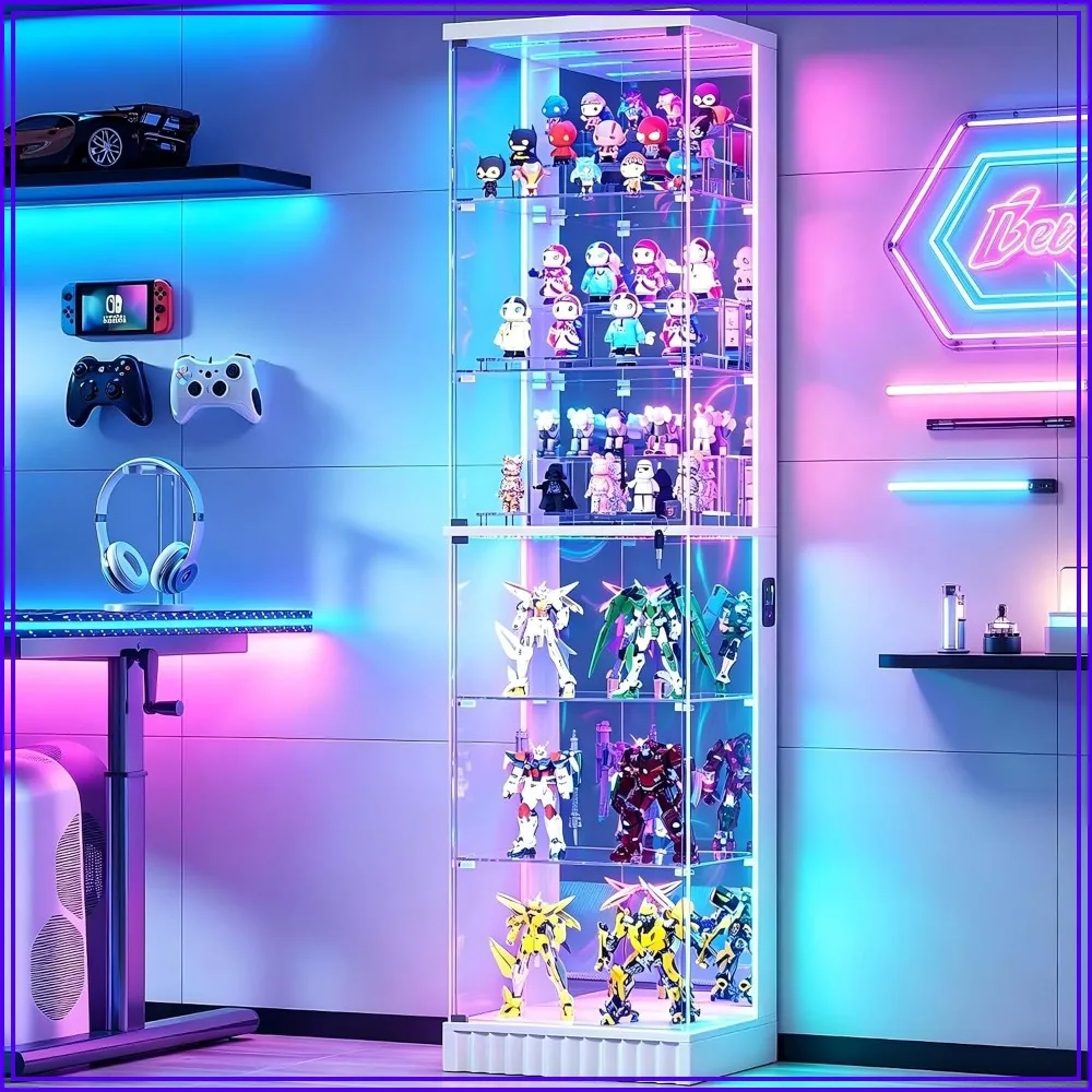 6-Tier Corner Display Cabinet with Lock for Collectibles, White Storage Shelf