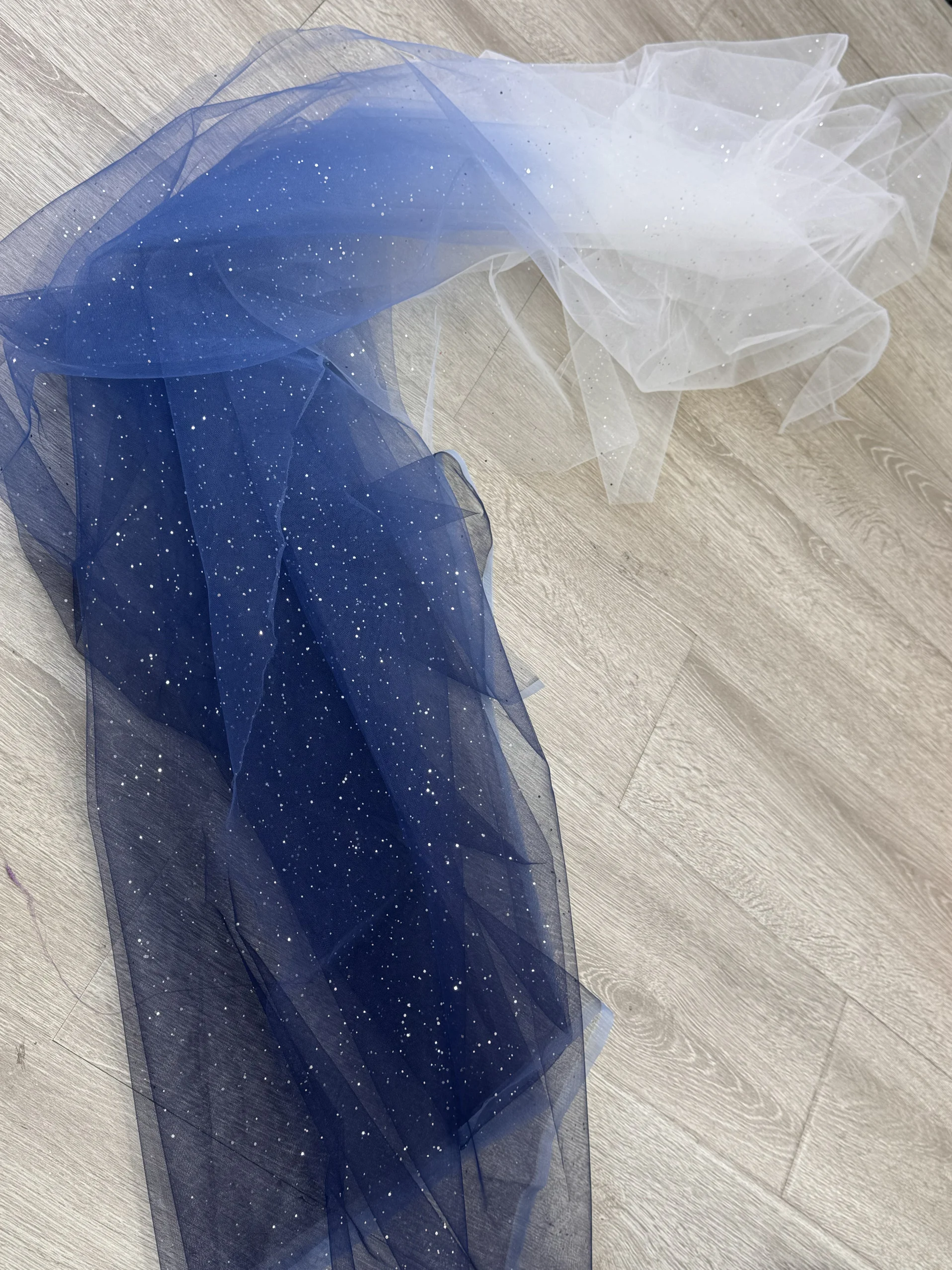 

Blue Gradient Glitter Mesh Fabric Silver Spark Spray Starry Transparent Tulle Gown Dress Evening Stage Decoration Material