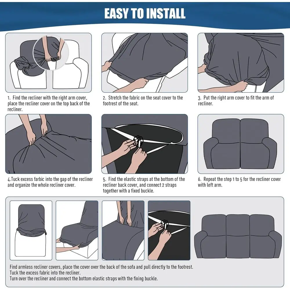 Sarung Sofa Recliner Poliester 3-Dudukan, Penutup Elastis dengan Kantong, Pelindung Furnitur Abu-Abu Tua yang Dapat Dicuci