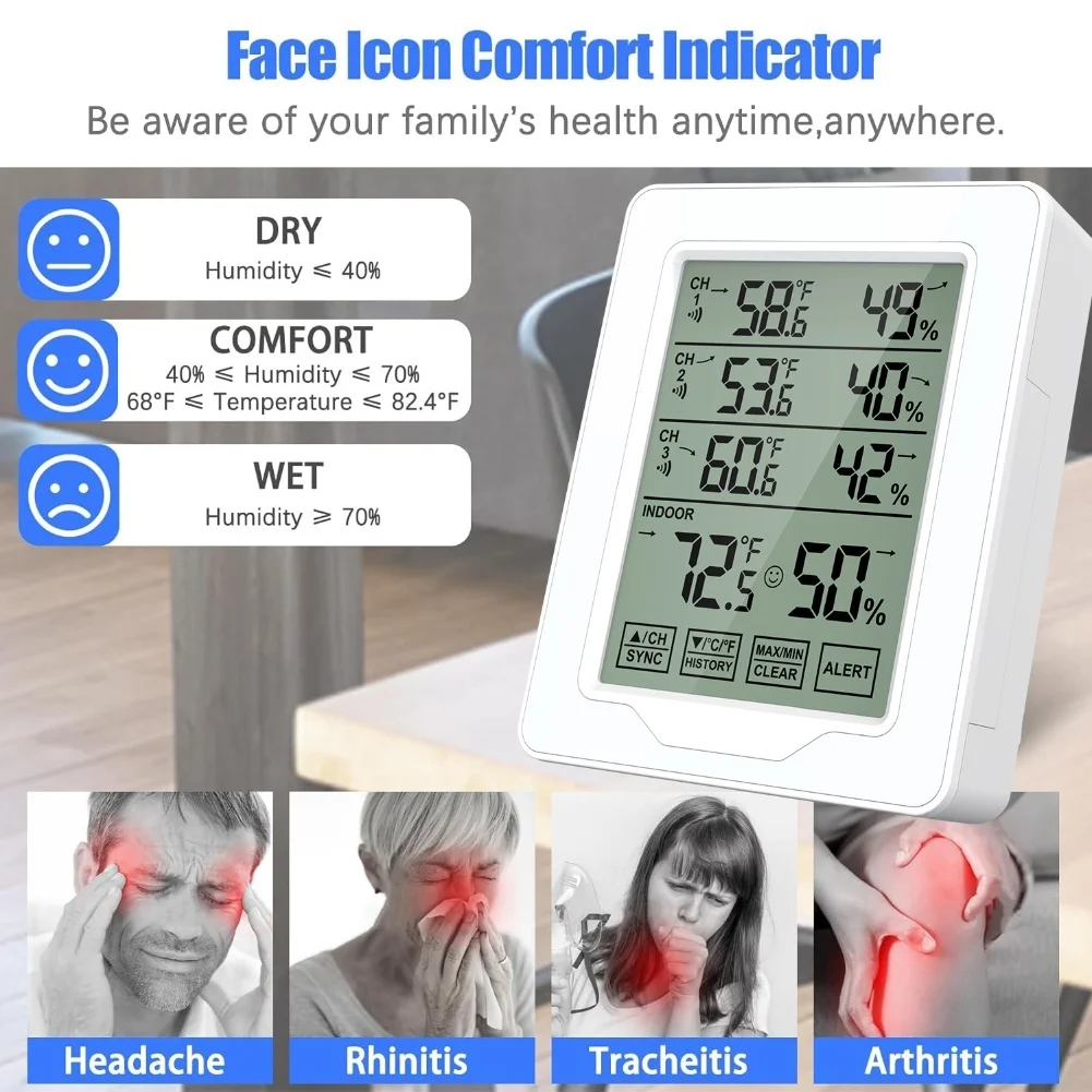 

Беспроводной цифровой термометр, гигрометр, максимальная запись температуры, комфортные значки, 3, удаленные датчики, подсветка