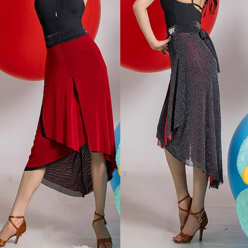 Two Sides Wear Latin Dance Hip Carf Women Practice Skirt Rumba Tango Ballroon Dance Clothes Sexy Black Red Strap Skirts DNV22646