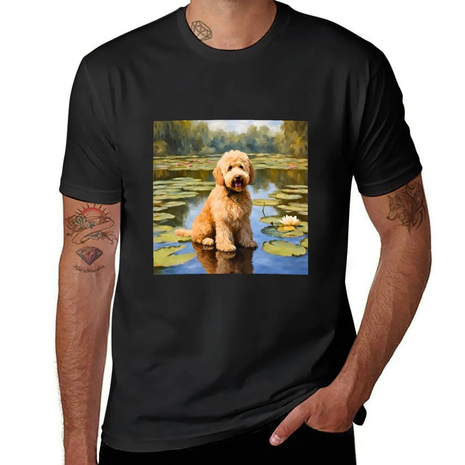 

Goldendoodle on Lily Pond Impressionism T-Shirt anime cute tops boys animal print plain white t shirts men