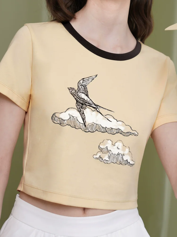 Summer Original Design Women Swallow Flying Clouds Print Comfy Cotton T-shirt Crop Top