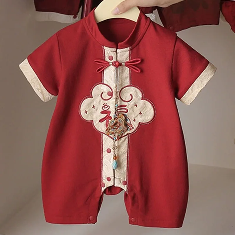 

Summer Clothings Baby Girl Clothes 0 To 6Months Chinese Style Red Short Sleeve Embroidery Jumpsuits Toddler Boy Outfits B286