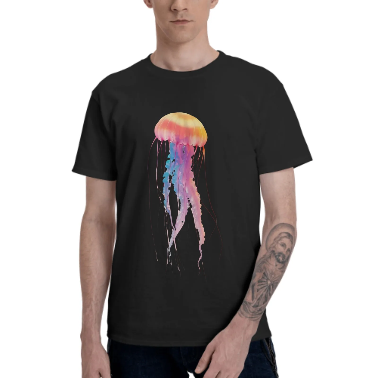 

Jellyfish Printed Men's Short-Sleeved 100% Cotton Unisex Fashion Casual Summer Tops Round Collar T-Shirts Black White Tees