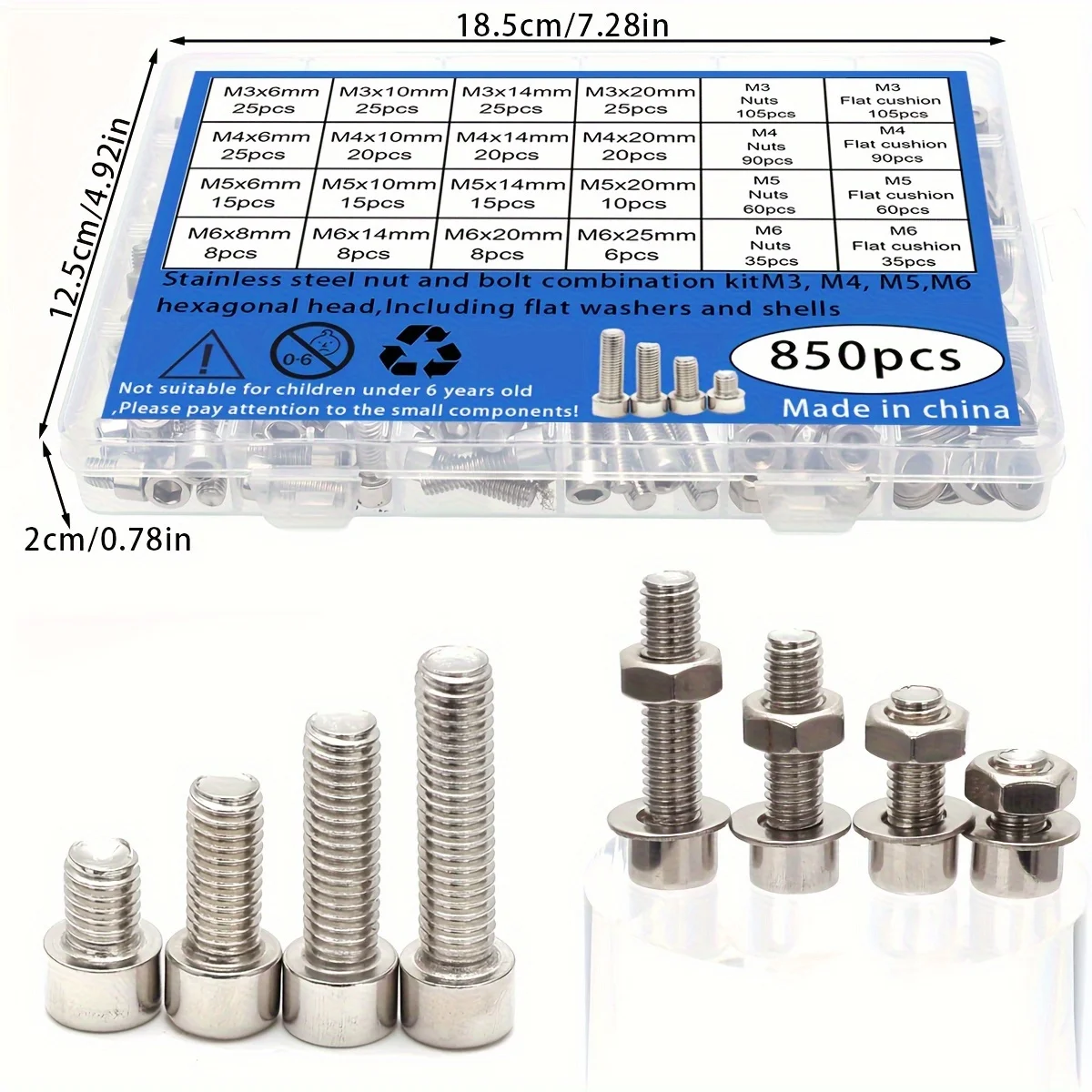 850Pcs Stainless Steel Hex Socket Cap Screws Bolts Nuts Washers Assortment Kit- M3 ，M4， M5， M6, 4 Specifications 16 Sizes