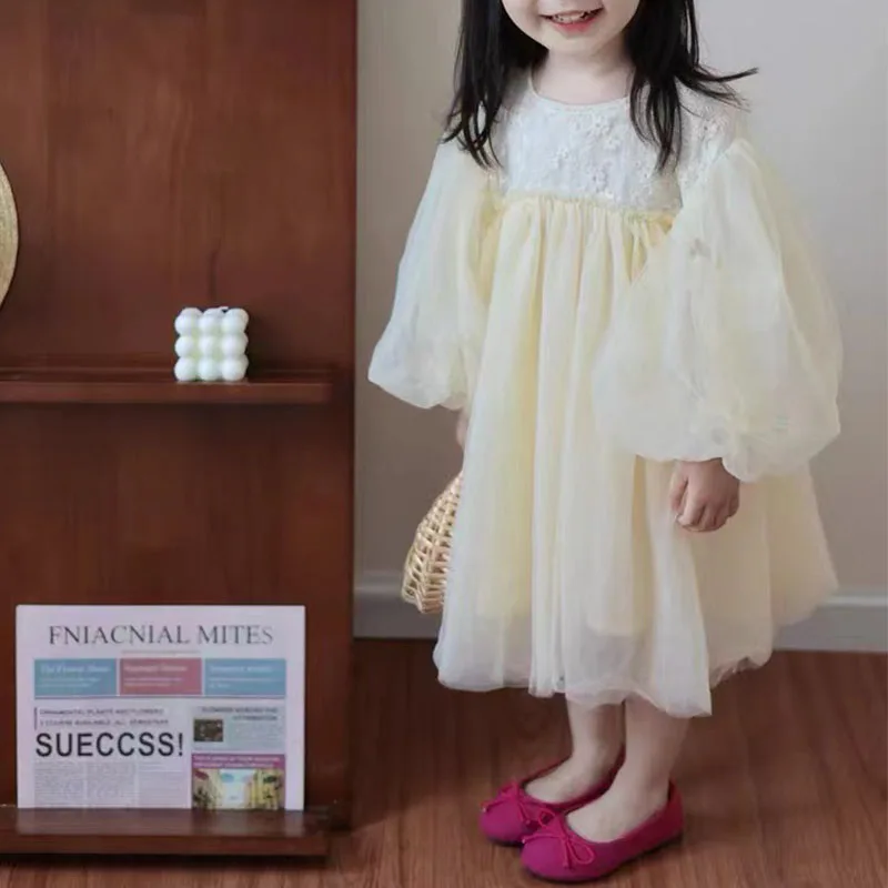 Girls' Dress Korean Version Baby Kids Bubble Sleeve Gauze Princess Dress 2024 Spring And Summer Clothes New Children's Clothing